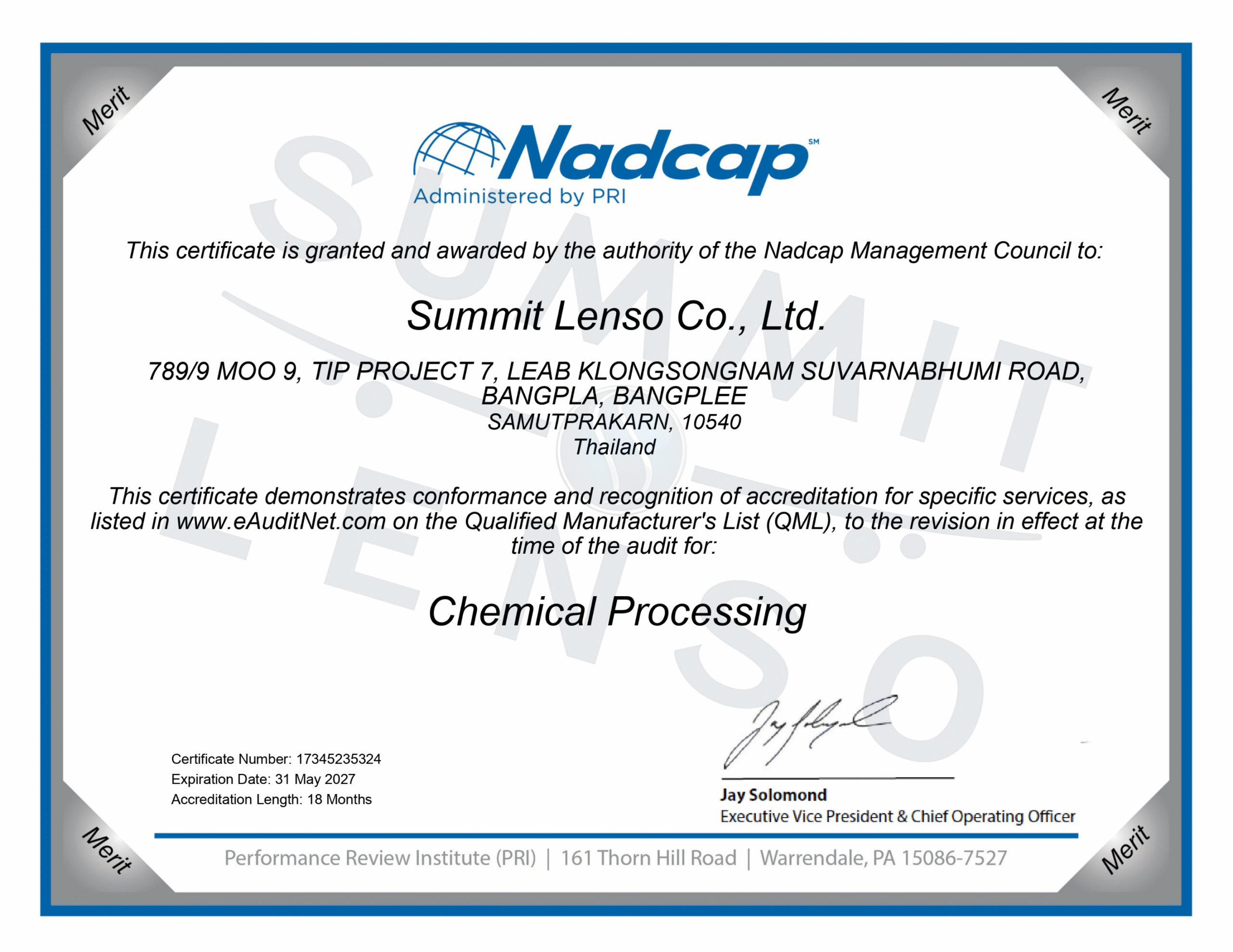 Certificate Nadcap (Aerospace) Chemical Processing audit_SUMMITLENSO