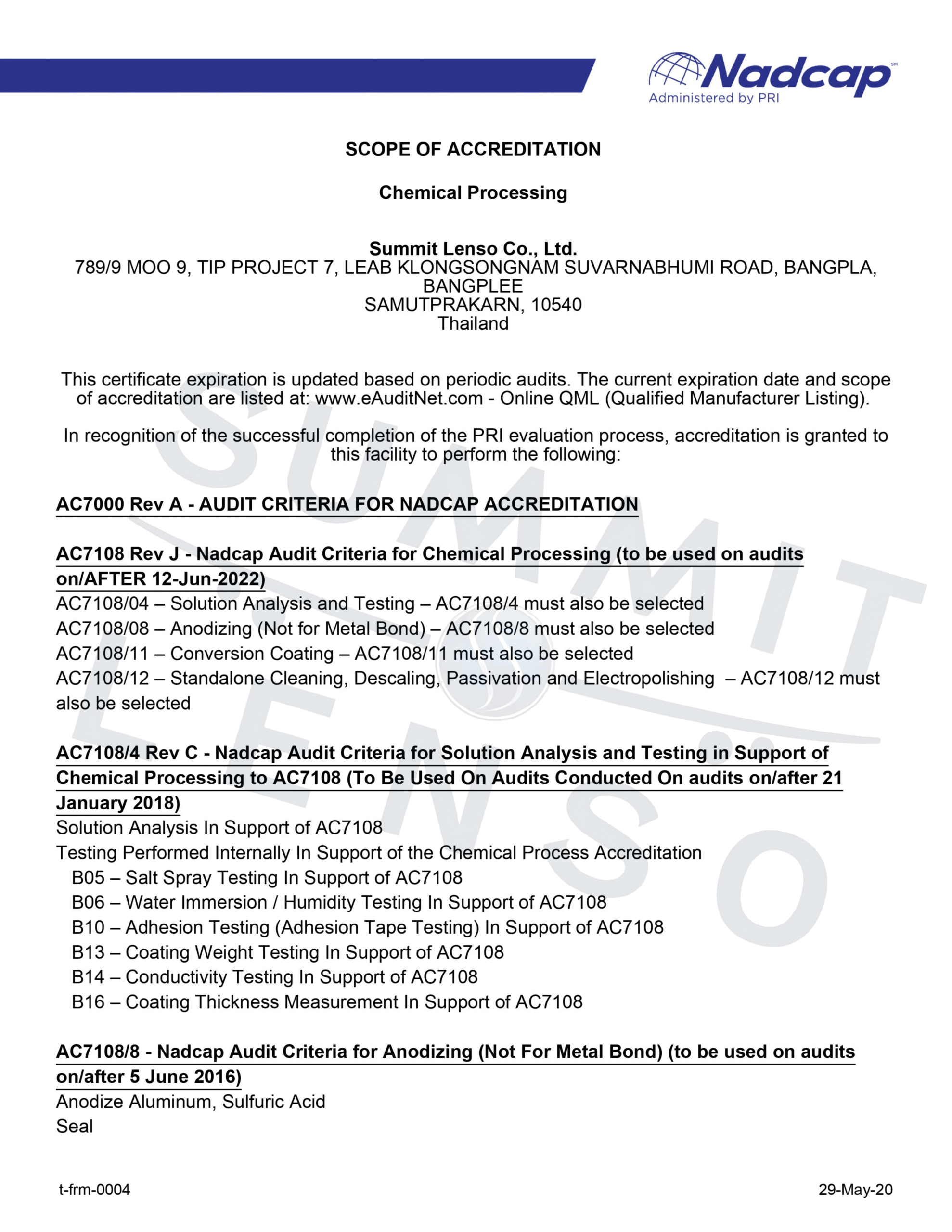 Scope of accreditation Chemical Processing_SUMMITLENSO 1